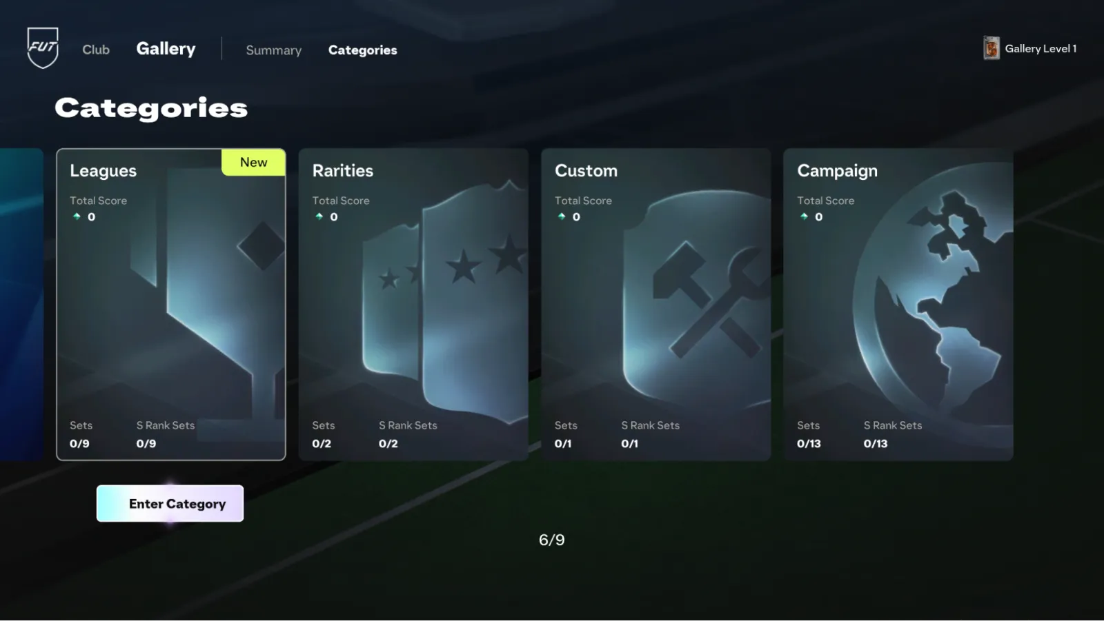 The FUT Gallery Categories screen in EA FC 27, showing Leagues, Rarities, Custom and Campaign categories