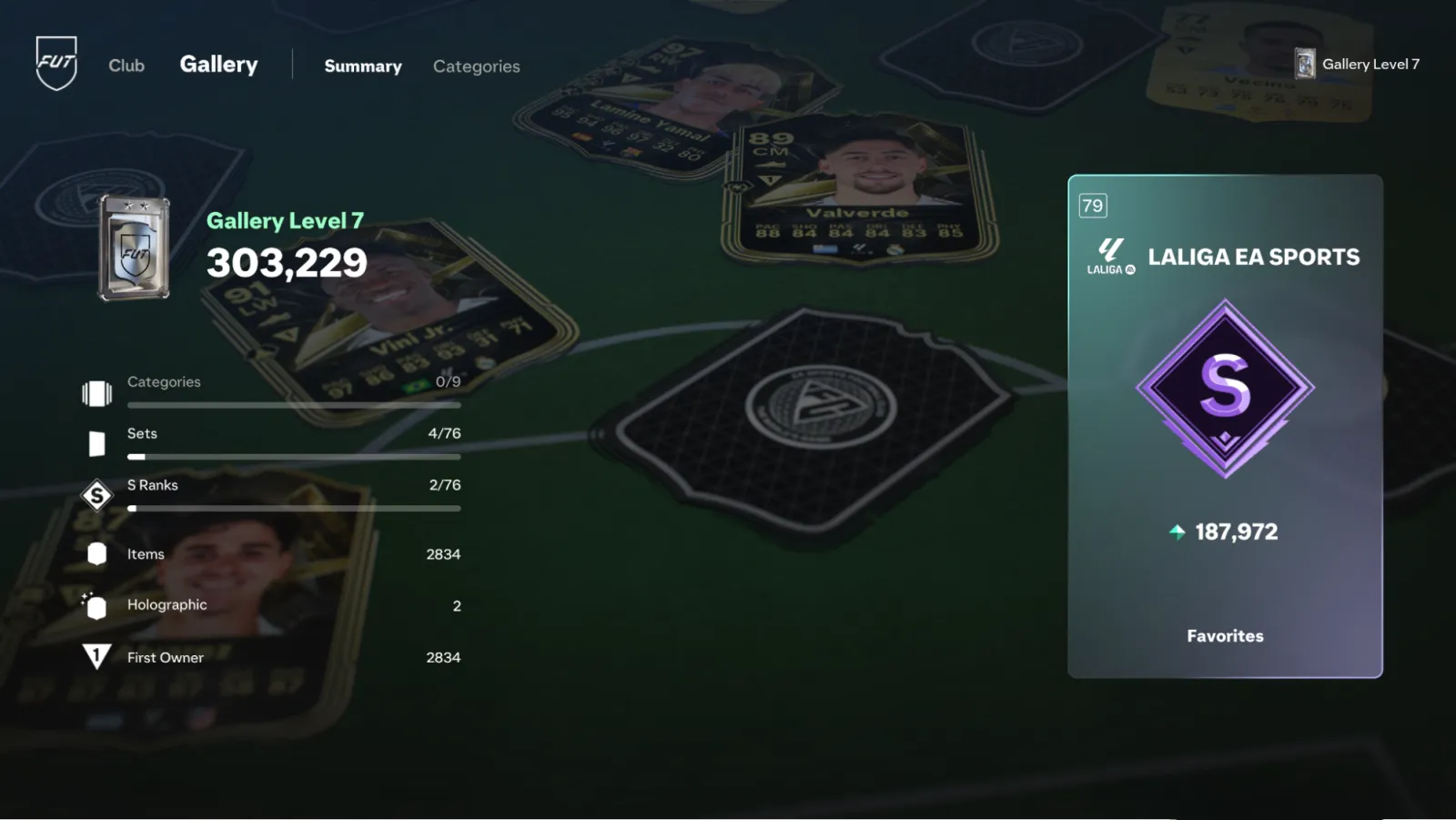 The FUT Gallery summary screen in FC 27 showing Gallery Level 7 and a total score of 303,229