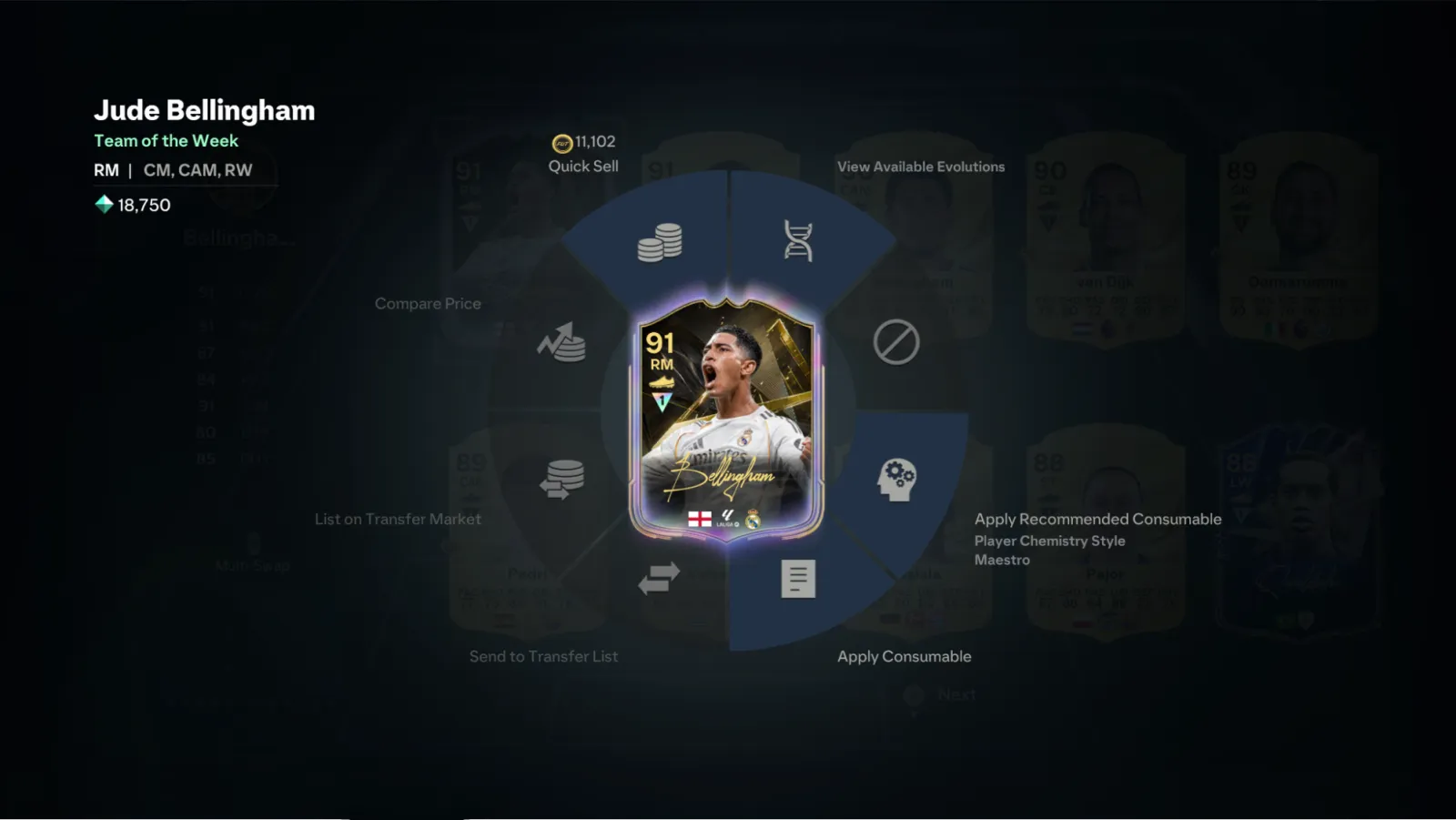 A Pristine Holographic Jude Bellingham Team of the Week Item in EA FC 27
