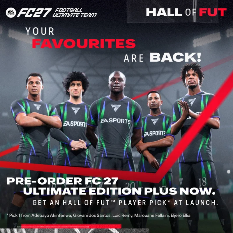 EA FC 27 Hall of FUT pre-order art with the five inaugural inductees, captioned Your Favourites Are Back